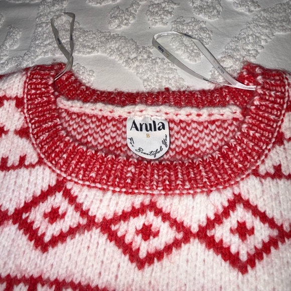 ARULA (Altar’d State) Red and White/Cream Patterned Women's Sweater - Picture 3 of 4